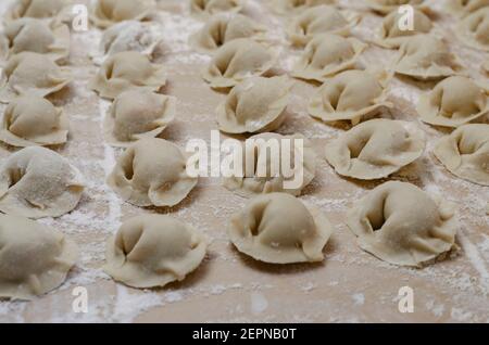 Ricette, cucina casereccia concetto di cibo. I gnocchi sono fatti a mano. Gnocchi grezzi ripieni di carne in linea nella cucina casalinga. Messa a fuoco selettiva. Foto Stock