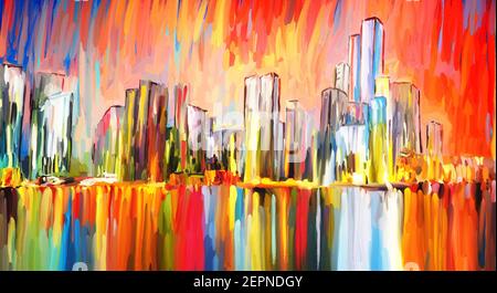 Astratto paesaggio skyline pittura città arte colore vibrante Foto Stock