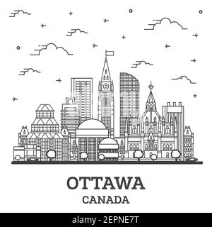 Delineare Ottawa in Canada dello skyline della città con moderni edifici isolati su bianco. Illustrazione Vettoriale. Paesaggio urbano di Ottawa con punti di riferimento. Illustrazione Vettoriale