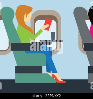 passeggero d'affari che lavora in cabina di classe business dell'aereo. illustrazione vettoriale Illustrazione Vettoriale