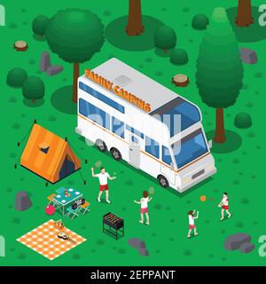 Camping concetto isometrico con attività all'aperto e vettore di simboli familiari illustrazione Illustrazione Vettoriale