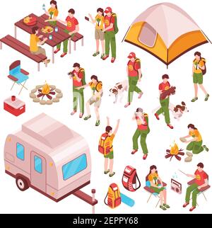 Picnic barbecue famiglia vacanze estive vacanze campeggio collezione icone isometriche con persone animali domestici tenda caravan illustrazione vettoriale Illustrazione Vettoriale