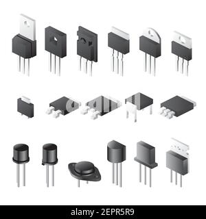 Transistor impostati isolati su sfondo bianco. Illustrazione vettoriale. Componenti elettronici di potenza isometrica. Set di icone. Illustrazione Vettoriale