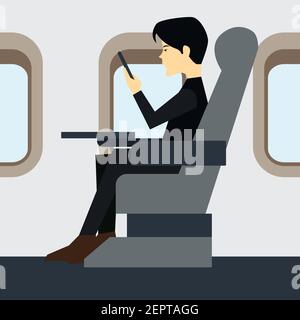 passeggero d'affari che lavora in cabina di classe business dell'aereo. illustrazione vettoriale Illustrazione Vettoriale