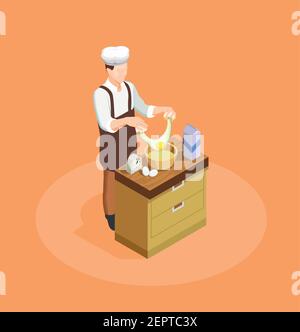 Chef pasticceria e panetteria con ingredienti e simboli pasticceria isometrici illustrazione vettoriale Illustrazione Vettoriale