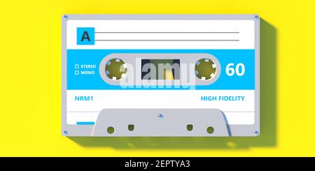 Cassetta audio con etichetta blu su sfondo giallo. Musica d'epoca retrò, canzoni di festa degli anni '80. illustrazione 3d Foto Stock