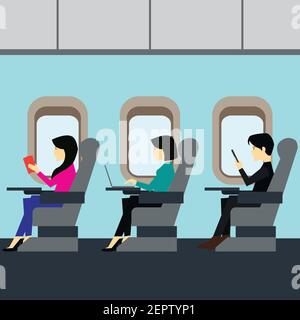 uomo d'affari e passeggero d'affari che lavora in cabina di classe business aereo. illustrazione vettoriale Illustrazione Vettoriale