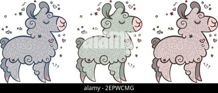 Collezione di graziose llama ricci in diversi colori con bordi. Illustrazione vettoriale per pagine da colorare, stampe per bambini e pubblicazioni Illustrazione Vettoriale