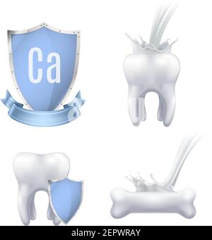 Protezione del calcio raccolta di icone realistiche per la pubblicità della produzione medica utilizzata per denti e ossa sani, illustrazione vettoriale isolata Illustrazione Vettoriale