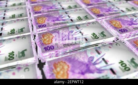 Illustrazione in 3D dello sfondo degli stack di fatture Argentina 100 pesos Foto Stock