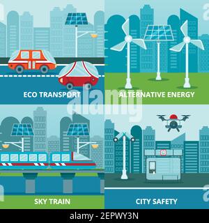 Concetto di design Smart City 2x2 con immagini piatte di alternativa illustrazione vettoriale delle fonti di energia e dei veicoli per il trasporto elettrico Illustrazione Vettoriale