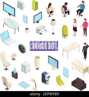 Ufficio lavoro mobili del personale computer tablet stampante macchina per caffè cassetti orologio lampade icone isometriche raccolta di illustrazioni vettoriali isolate Illustrazione Vettoriale