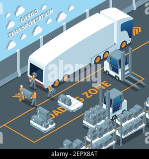 Moderna composizione isometrica per autocarro elettrico bianco con carico di scarico, attrezzature per magazzino e scaffali con illustrazione vettoriale delle merci Illustrazione Vettoriale