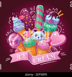 Poster pubblicitario di sfondo dell'assortimento di gelati con deliziosi surgelati yogurt cioccolato fragola dolci giapponesi illustrazione vettoriale Illustrazione Vettoriale