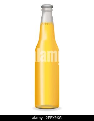 Bottiglia di birra realistica con bolla. Isolato su sfondo bianco. Illustrazione vettoriale. Illustrazione Vettoriale