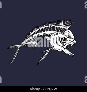 Scheletro di pesce Piranha, vista laterale. Disegno in bianco e nero con inchiostro. Foto Stock