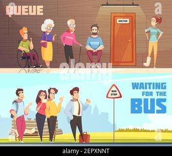Persone in fila in sala d'attesa medici e in autobus stop 2 banner orizzontali illustrazione vettoriale isolata Illustrazione Vettoriale