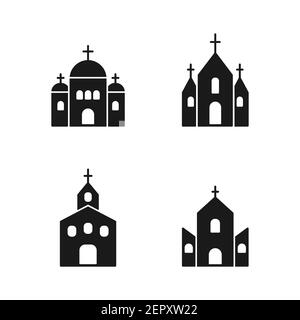 Insieme di icone della Chiesa. Simbolo nero del contorno della Chiesa. Collezione di cartelli per edifici con silhouette Holy Place. Vettore isolato su bianco. Illustrazione Vettoriale