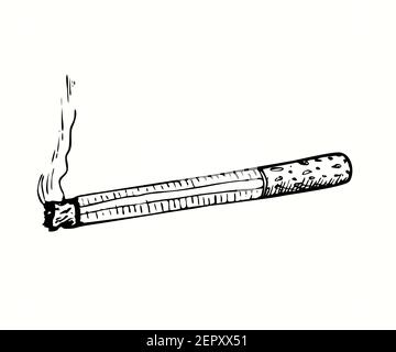 Sigaretta disegnata a mano con linee di fumo. Disegno in bianco e nero con inchiostro. Foto Stock