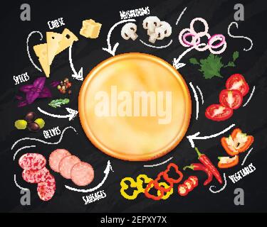 Composizione realistica del costruttore della pizza con impasto e ingredienti su nero immagine vettoriale sfondo chalk board Illustrazione Vettoriale