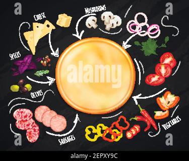Composizione realistica del costruttore della pizza con impasto e ingredienti su nero immagine vettoriale sfondo chalk board Illustrazione Vettoriale