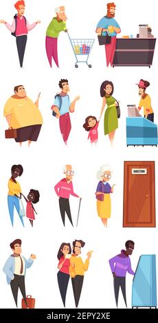 Personaggi in coda nel supermercato della banca presso l'ufficio dei medici illustrazione vettoriale delle linee isolate dello sportello 4 Illustrazione Vettoriale