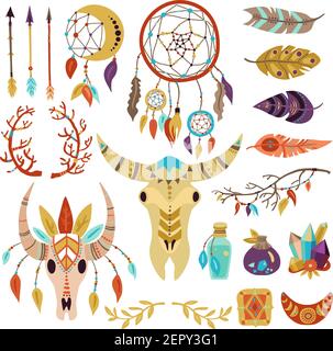 Boho simboli elementi decorativi collezione con Dream catcher piume ramoscelli frecce cristalli testa di bufalo isolato vettore illustrazione Illustrazione Vettoriale