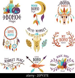 Boho Magic simboli collezione emblemi per il mercato con la luna dream catcher bufalo testa isolato vettore illustrazione Illustrazione Vettoriale