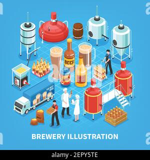 Produzione birreria elementi isometrici composizione con macinazione di grano d'orzo fermentazione bollente imbottigliamento sfondo blu illustrazione vettoriale Illustrazione Vettoriale