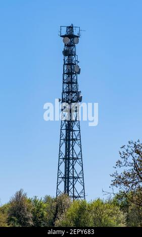 Palo per telecomunicazioni, antenne TV tecnologia wireless contro il cielo blu senza nuvole su siepi verdi Foto Stock