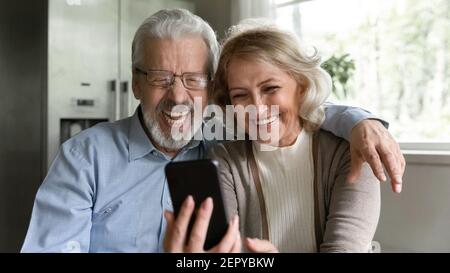 Felice famiglia in pensione che usa il telefono cellulare per videochiamare Foto Stock