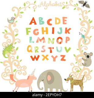 Pagina completa del libro dell'alfabeto preschool abc dei bambini con attraente colorful font e divertenti animali frame illustrazione vettoriale Illustrazione Vettoriale
