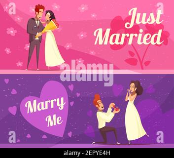 Striscioni cartoni animati newlyweds su sfondo rosa e viola, persone appena sposate e cerimonia di fidanzamento isolato vettore illustrazione Illustrazione Vettoriale
