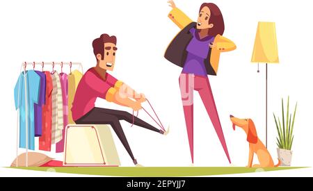 Uomo e donna si vestono e vanno a camminare con cane in cartoon mattina illustrazione vettoriale Illustrazione Vettoriale