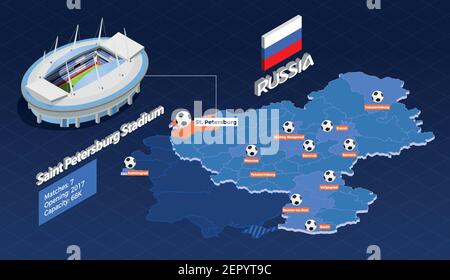 Russia Saitn Petersburg. Giugno 2018. Calcio Coppa Giochi composizione isometrica con partite in San Pietroburgo illustrazione vettoriale Illustrazione Vettoriale