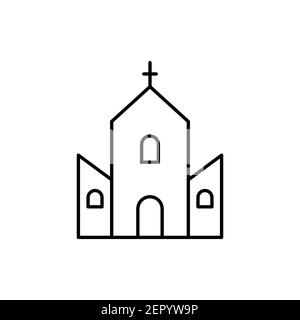 Icona della linea della Chiesa. Simbolo nero del contorno della Chiesa. Segno edificio del luogo santo. Vettore isolato su bianco. Illustrazione Vettoriale