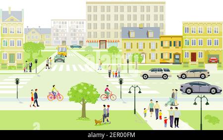 Traffico stradale con famiglie e persone sul marciapiede illustrazione Illustrazione Vettoriale