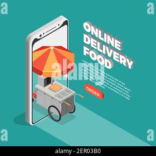 Concetto di consegna di cibo di strada con i simboli online di ordine di fast food illustrazione vettoriale isometrica Illustrazione Vettoriale