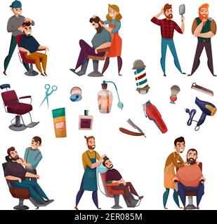 Barbiere servizi cartoni animati con parrucchiere maschile durante il lavoro e. illustrazione vettoriale isolata degli strumenti professionali Illustrazione Vettoriale