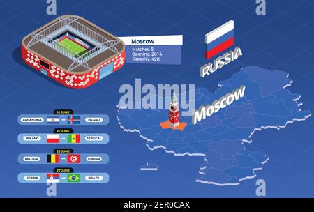 Russia, Mosca. Giugno 2018. Coppa di calcio composizione isometrica con partite in simboli di Mosca illustrazione vettoriale isolata Illustrazione Vettoriale