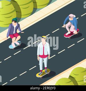 Skateboarding urbano di fondo con gli adolescenti su skateboards che cavalcano in città illustrazione vettoriale isometrica delle strade Illustrazione Vettoriale