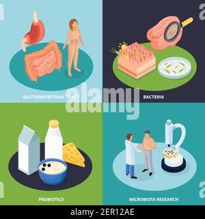Probiotici concetto di progettazione isometrica 2x2 con immagini concettuali di organi cibo e batteri con caratteri umani illustrazione vettoriale Illustrazione Vettoriale