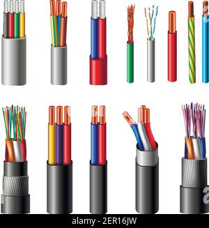 Vari tipi di cavi di alimentazione con conduttori elettrici tenuti insieme con guaina complessiva realistico impostare vettore illustrazione Illustrazione Vettoriale