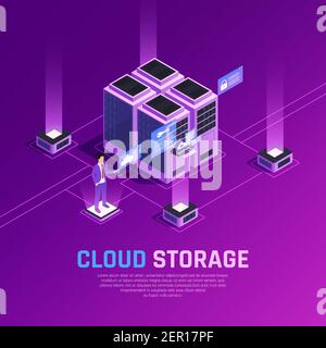 Composizione isometrica del bagliore dell'ufficio cloud con unità server e umane carattere con telecomando Illustrazione Vettoriale