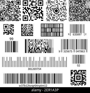 Codici a barre universali con codice prodotto realistici e bidimensionali illustrazione vettoriale del sistema di simboli e numeri della matrice Illustrazione Vettoriale