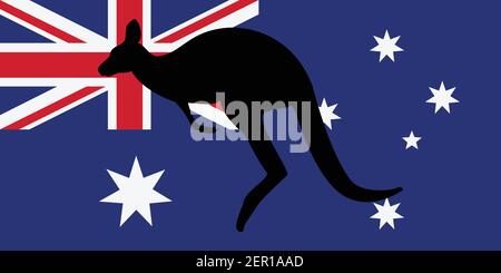 Bandiera vettoriale dell'Australia e silhouette nera del canguro. Simboli australiani Illustrazione Vettoriale