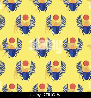 Illustrazione vettoriale modello senza giunture con scarabeo egiziano. Modello egiziano, disegno di sfondo. Illustrazione Vettoriale