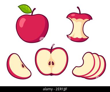 Set di cartoni animati di mela rossa. Frutta intera e anima, sezione trasversale di mela tagliata, fette. Illustrazione della clip art vettoriale isolata. Illustrazione Vettoriale