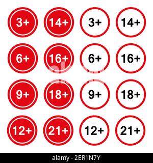 Serie di badge di limitazione dell'età, 3 , 6 , 9 , 12 , 14 , 16 , 18 , 21 . Isolato su sfondo bianco immagine vettoriale in stile piatto Illustrazione Vettoriale
