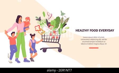 Concetto sano di consegna di cibo del sito web con carino famiglia ottenere verdure fresche, piatto vettore illustrazione. Cibo online e la consegna di eati sani Illustrazione Vettoriale